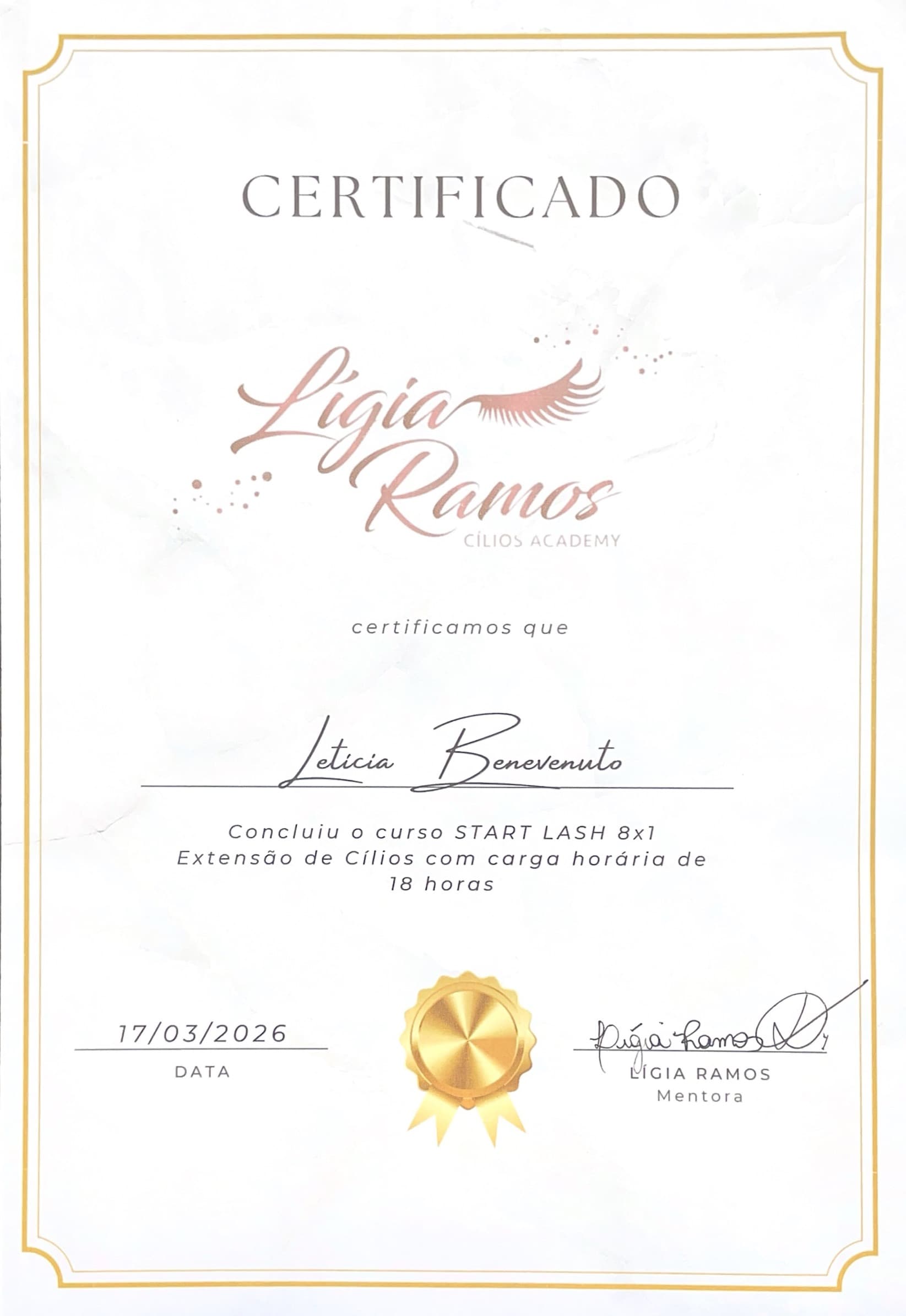 Certificado START LASH - Extensão de Cílios por Lígia Ramos